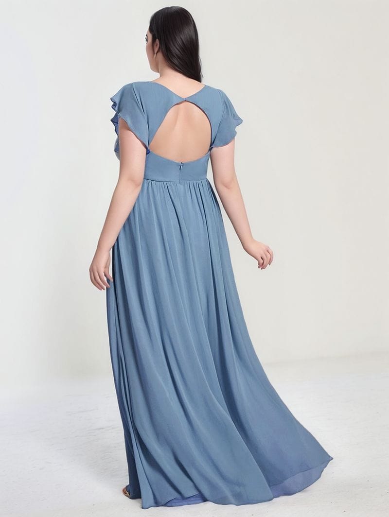 Robe de soirée longue bleue grande taille dos nu fluide élégante pour mariage invité ou cérémonie d'été