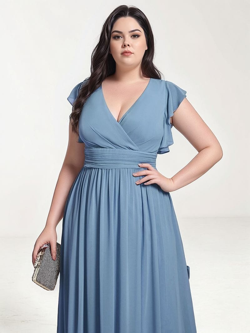 Robe de soirée grande taille chic longue bleu manches courtes trapèze élégante avec pochette argentée