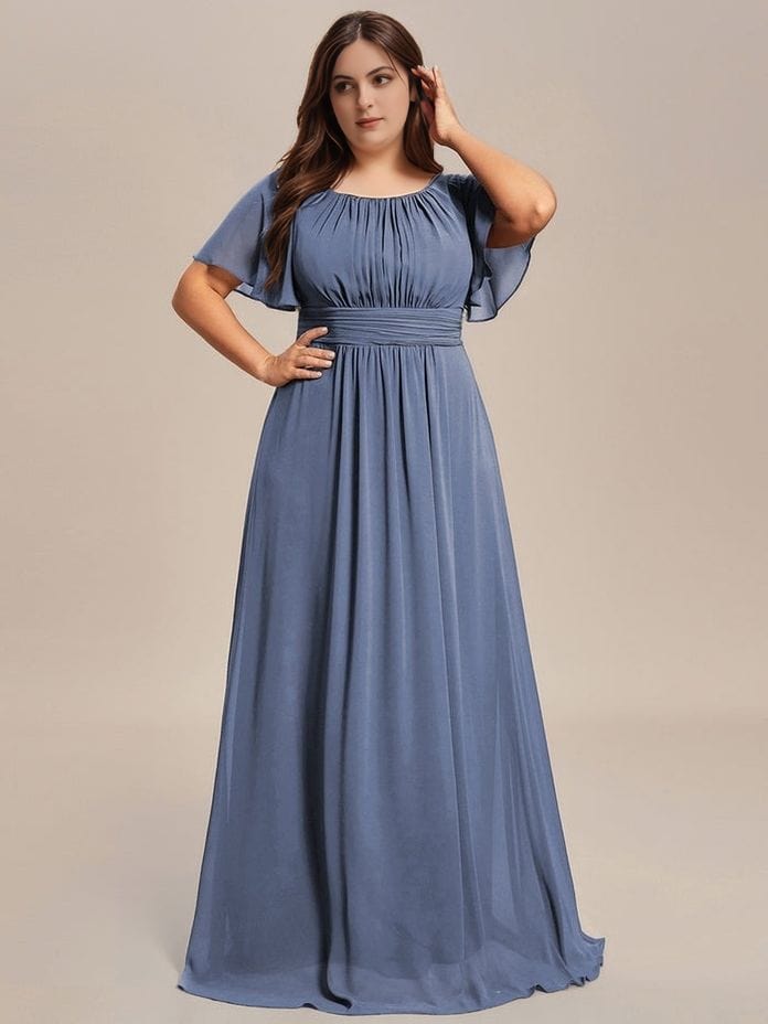 Robe de soirée grande taille bleue longue élégante bohème manches courtes fluide, invitée mariage chic