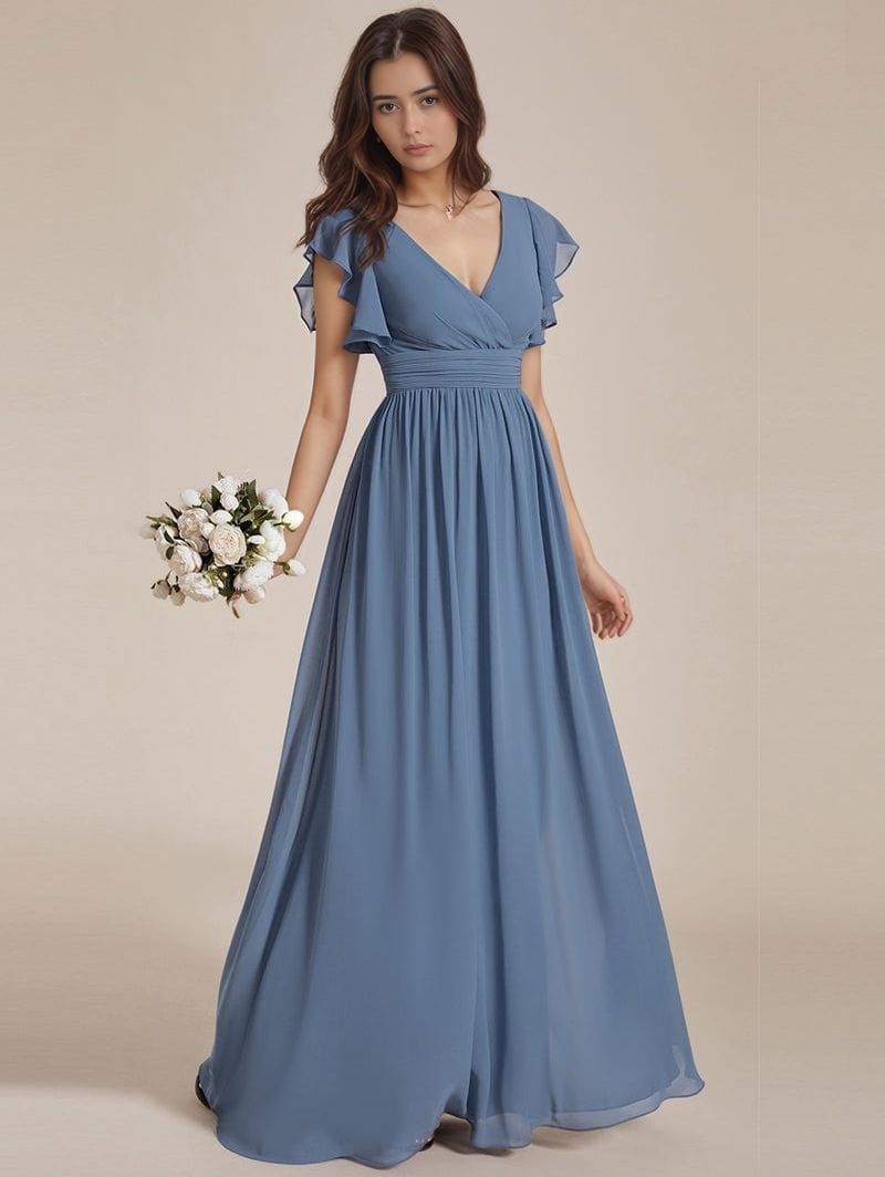 Robe longue demoiselle d’honneur bohème bleu manches courtes fluide élégante pour mariage invité chic