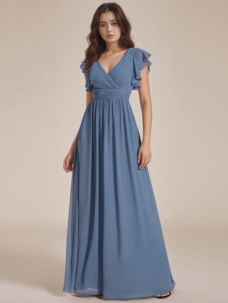 Robe de soirée longue bleu fluide femme décolleté manches courtes chic élégante idéale mariage ou cocktail