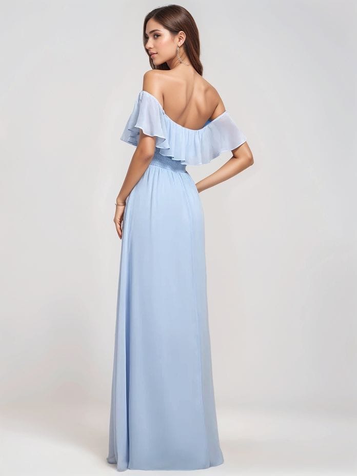 Robe demoiselle d'honneur bleue longue épaules dénudées