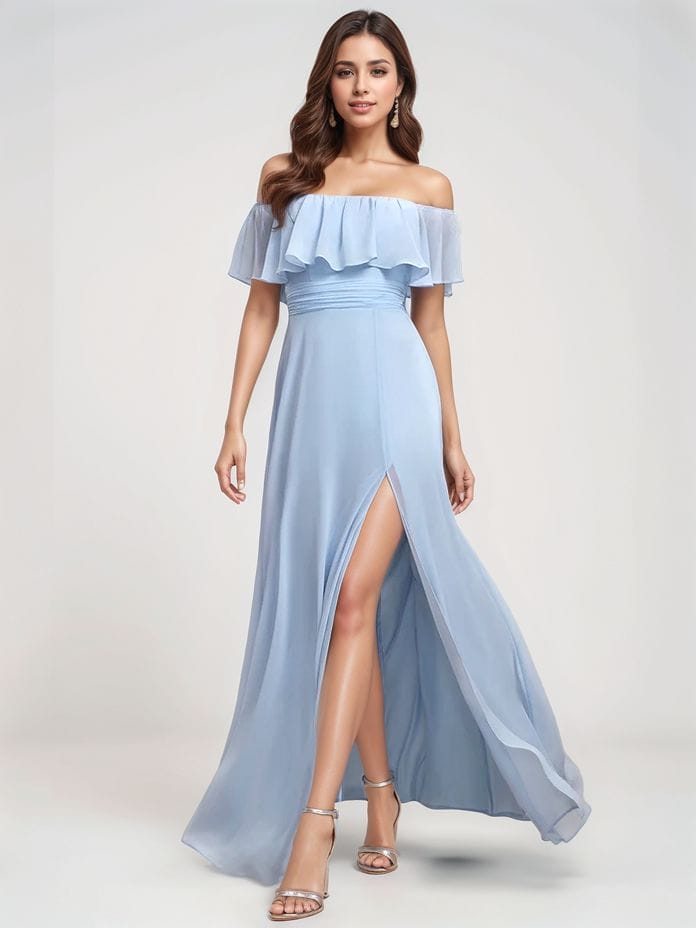 Robe demoiselle d'honneur bleue longue épaules dénudées