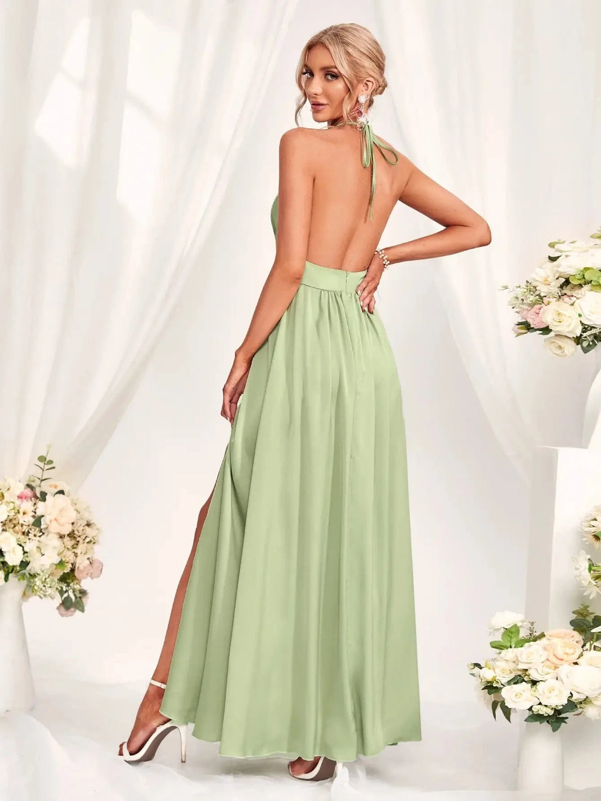 robe demoiselle d'honneur bohème longue menthe chic fluide sans manches pour mariage d'été
