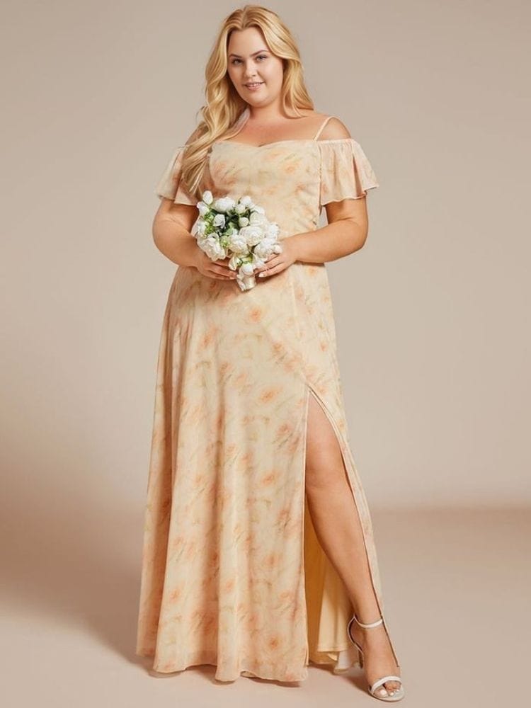 Robe longue fleurie grande taille décolleté épaules dénudées pour demoiselle d’honneur mariage, couleur beige