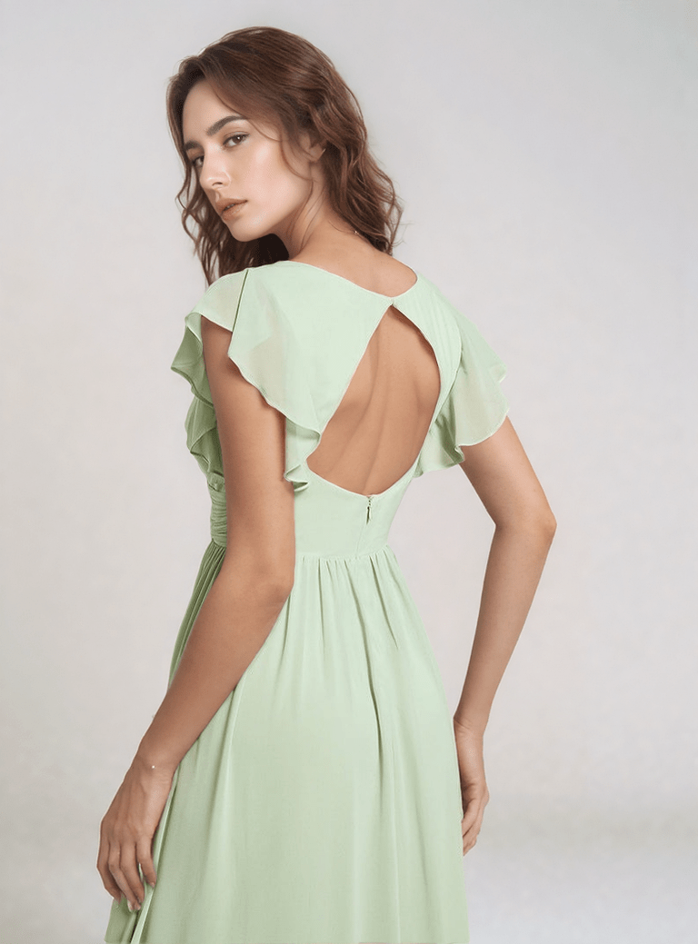 Robe dos nu verte midi fluide pour mariage invité chic, manches courtes, élégante et tendance été