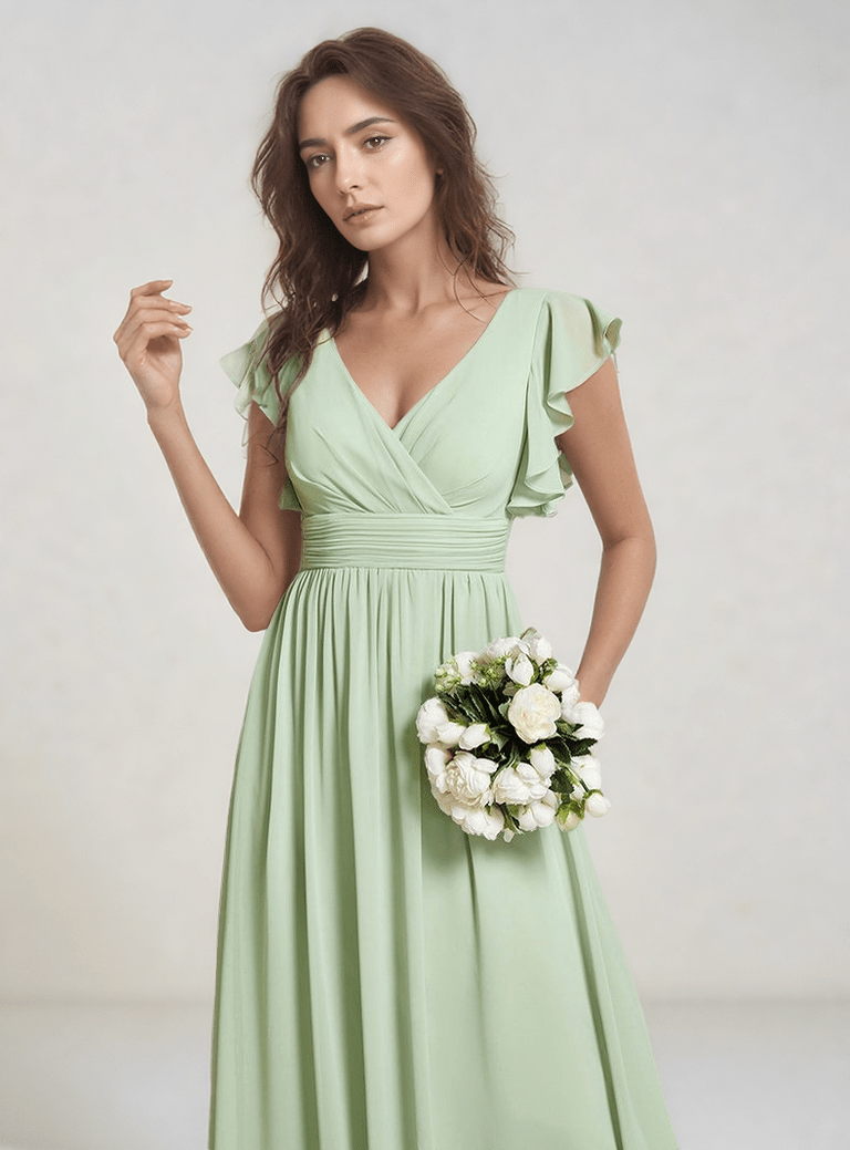 Robe demoiselle d’honneur bohème longue verte manches courtes tenue élégante cérémonie mariage bouquet fleurs