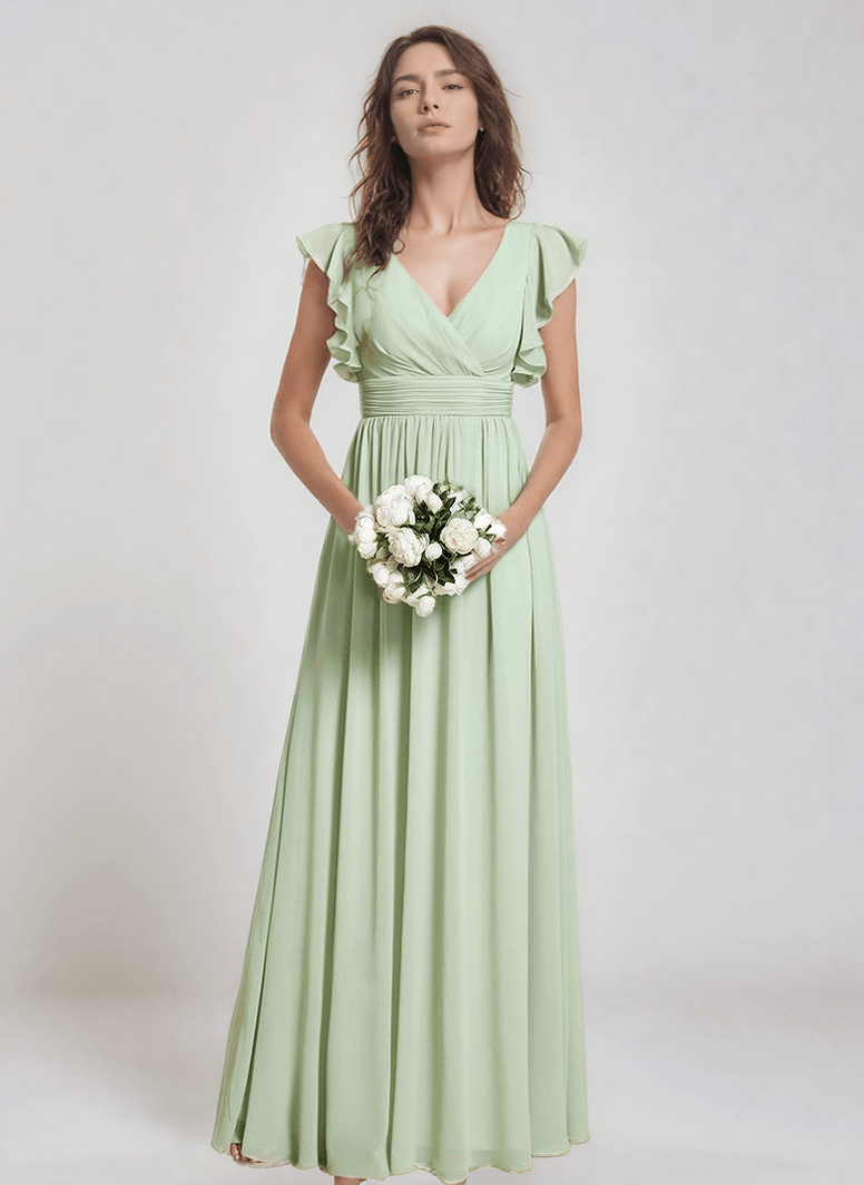Robe longue demoiselle d'honneur bohème verte manches courtes fluide élégante avec bouquet blanc mariage