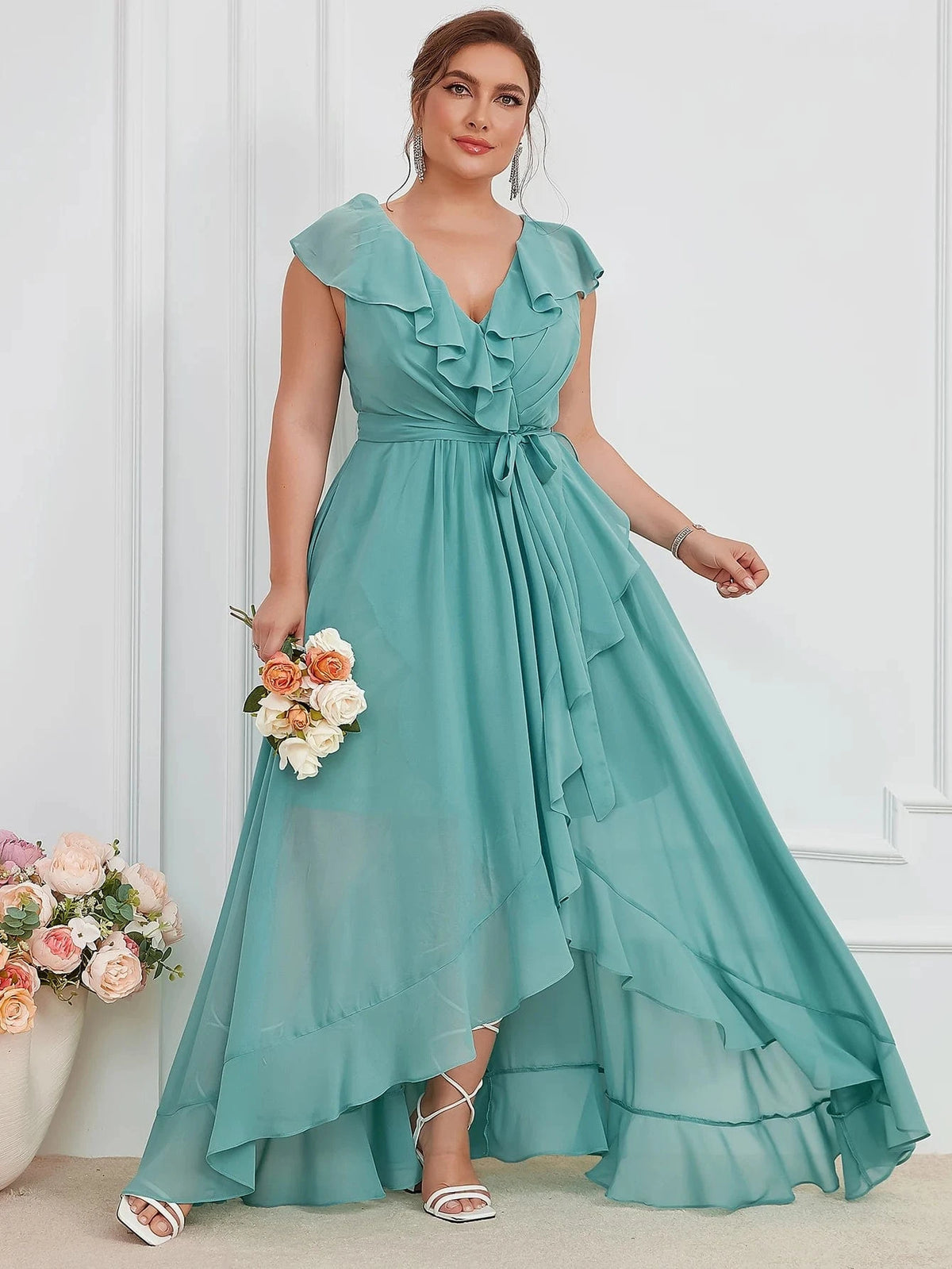 robe demoiselle d'honneur grande taille chic longue trapèze manches courtes rose poudré