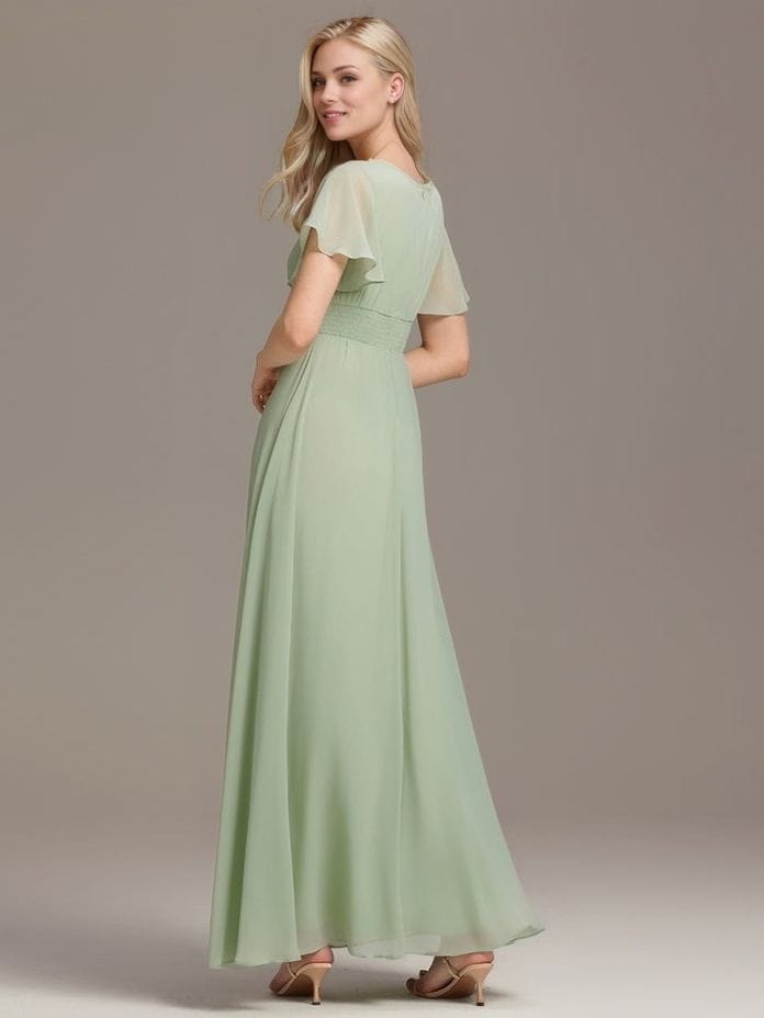 Robe longue verte trapèze manches courtes bohème invitée mariage chic pour été élégante et fluide
