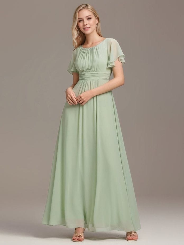 Robe longue verte fluide élégante pour demoiselle d'honneur bohème mariage invité avec manches courtes