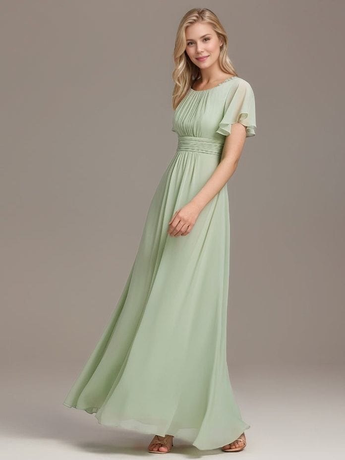 Robe longue verte fluide demoiselle d'honneur bohème manches courtes élégante idéale mariage été invité chic
