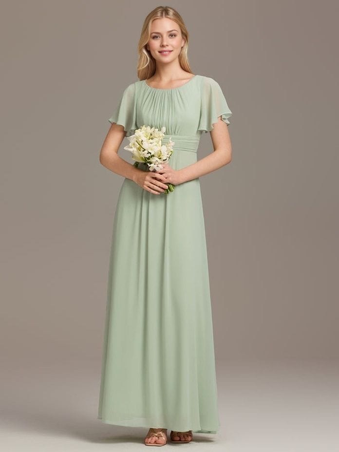 Robe demoiselle d'honneur longue verte fluide manches courtes tenue mariage invité bouquet élégante