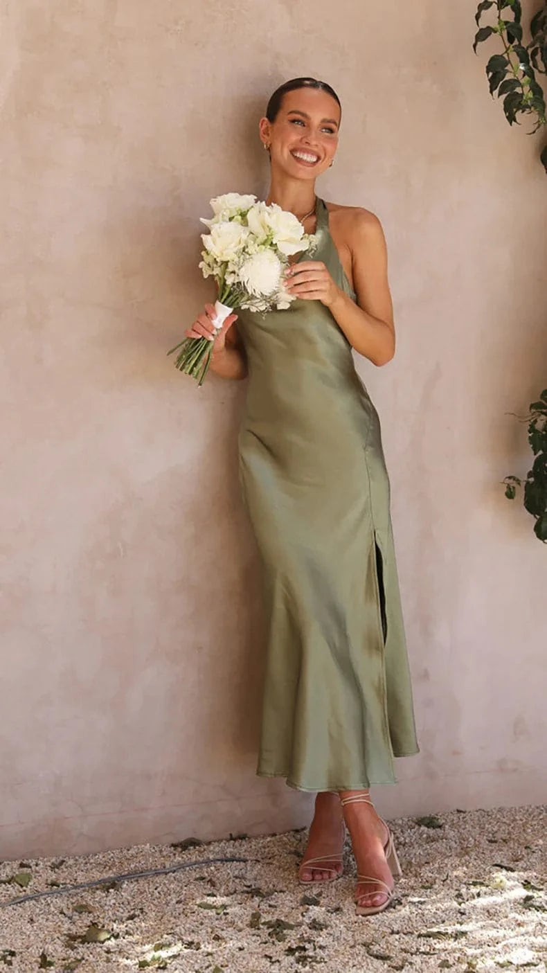 robe demoiselle d'honneur midi dos nu pour mariage chic silhouette trapèze élégante et légère