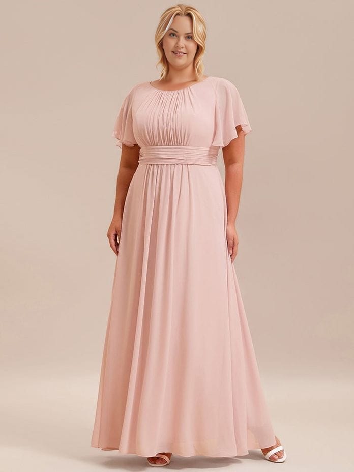 Robe de soirée grande taille chic rose poudré longue trapèze manches courtes élégante pour invitée mariage