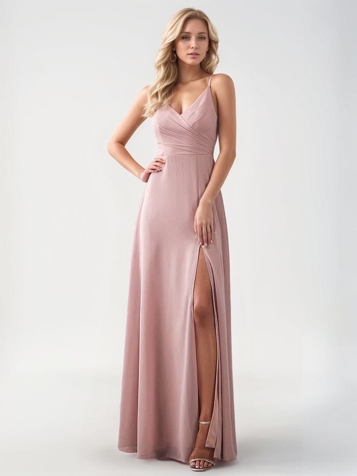 Robe demoiselle d'honneur rose poudrée avec fente haute
