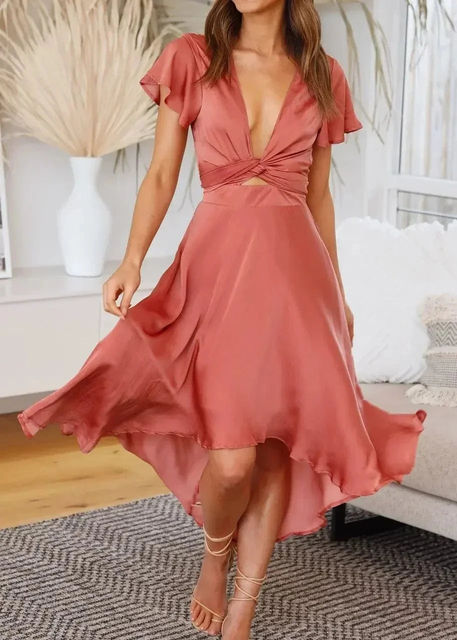 Robe de soirée chic bohème rose terracotta fluide courte décolleté manches courtes été invitée mariage