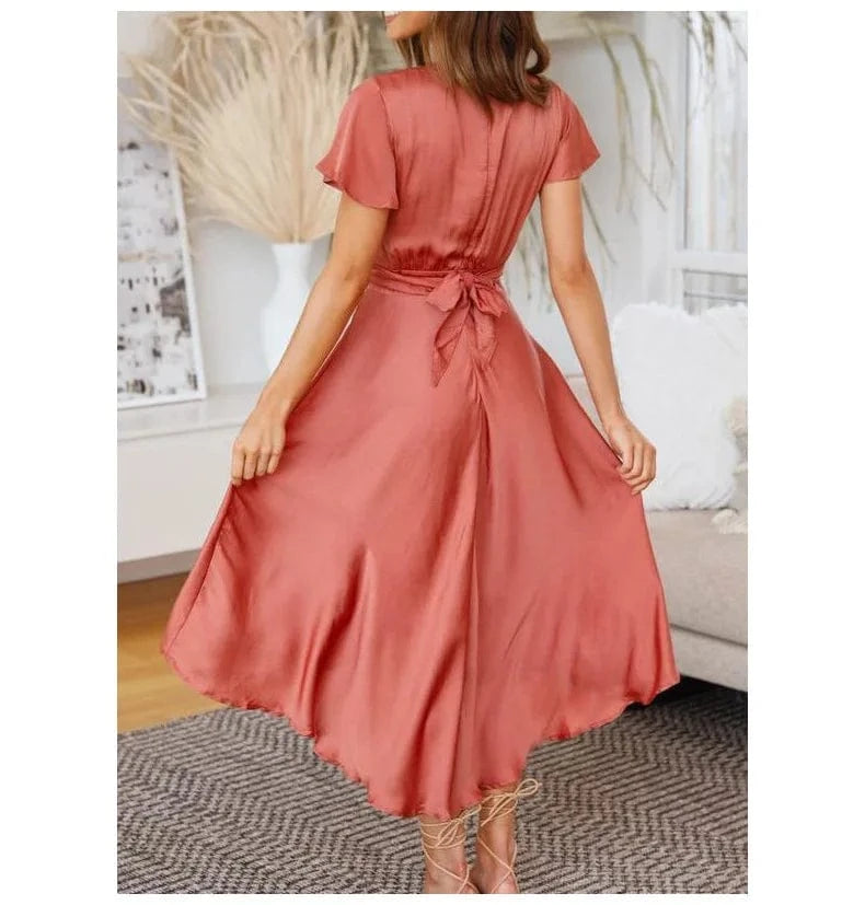 Robe midi terracotta bohème évasée dos noué manches courtes fluide idéale été ou mariage invité