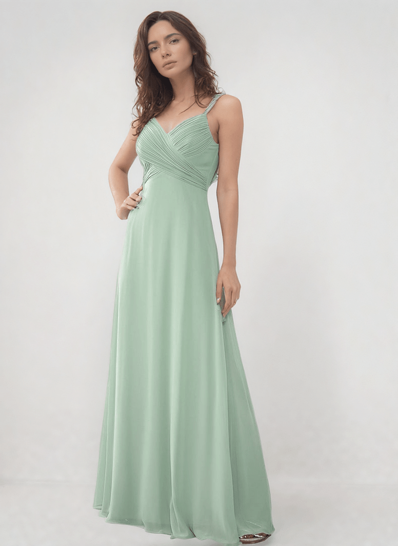 Robe de soirée longue verte trapèze sans manches élégante pour mariage invitée chic été, tissu fluide léger
