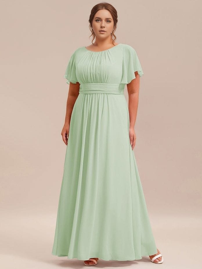 Robe longue verte grande taille trapèze manches courtes pour soirée mariage invitée chic élégante femme