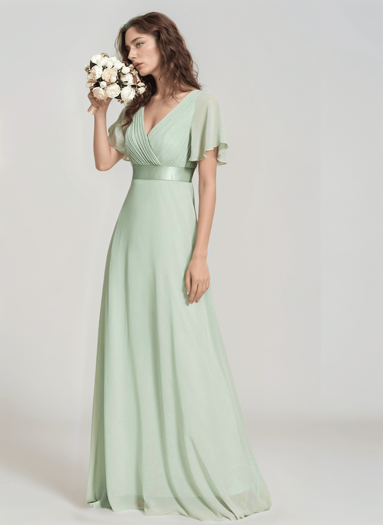 Robe demoiselle d'honneur bohème longue verte manches courtes élégante pour mariage chic été