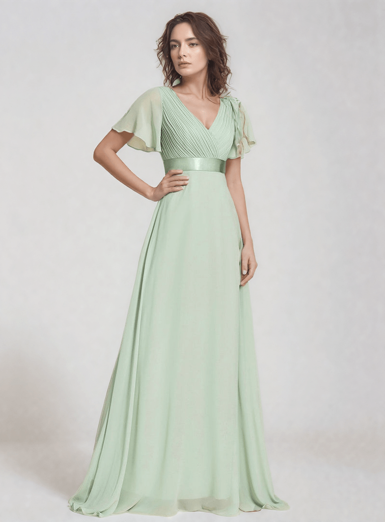 Robe de soirée mariage longue vert sauge bohème chic femme manches courtes fluide décolleté élégant