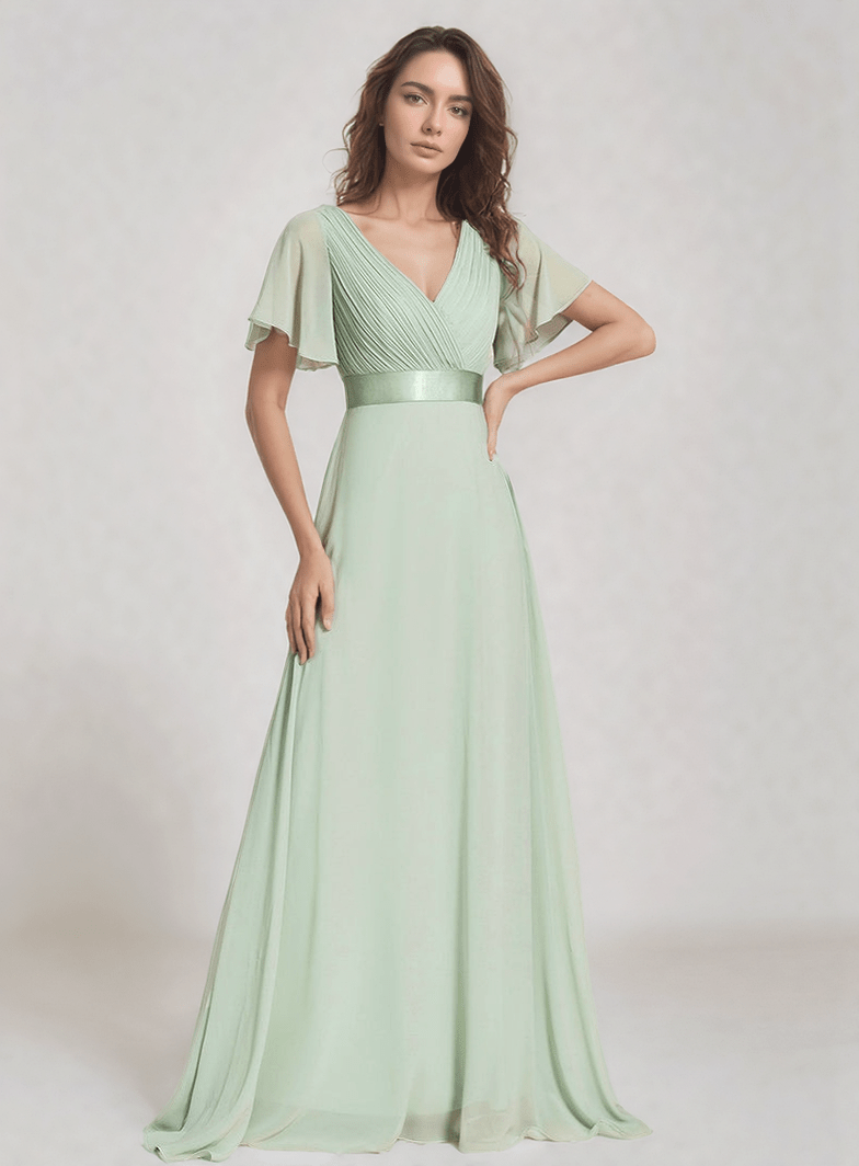 Robe longue gala fluide verte manches courtes décolleté élégant pour cérémonie ou soirée habillée chic