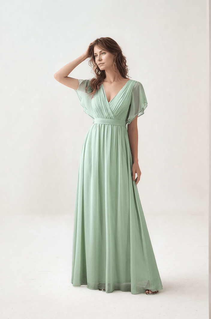 Robe de soirée bohème longue verte manches courtes fluide pour mariage invitée été élégante et chic
