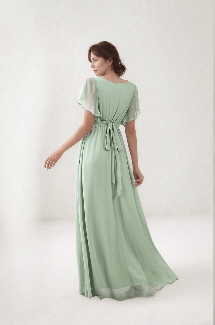 Robe longue verte bohème mariage invité fluide manches courtes élégante pour cérémonie printemps été