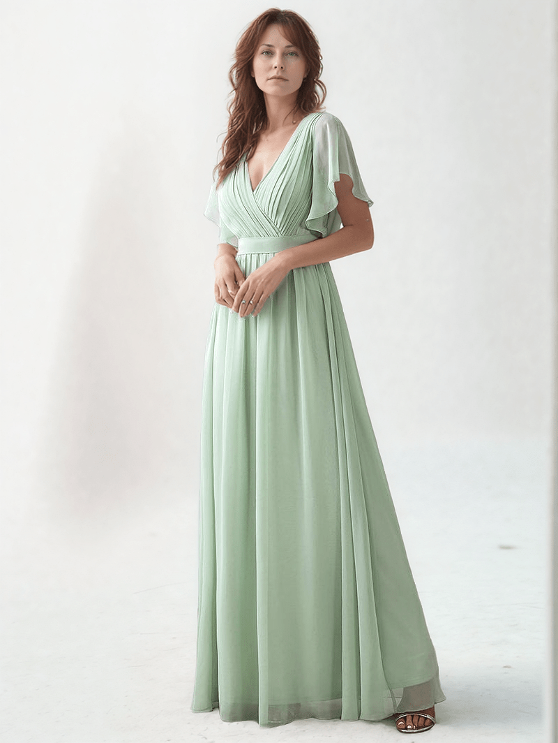 Robe de soirée bohème longue verte fluide manches courtes décolleté élégante invitée mariage été chic