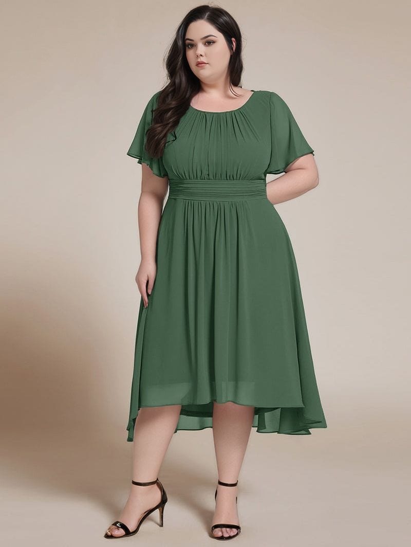 Robe de soirée grande taille verte fluide femme manches courtes longueur midi élégante pour évènement chic