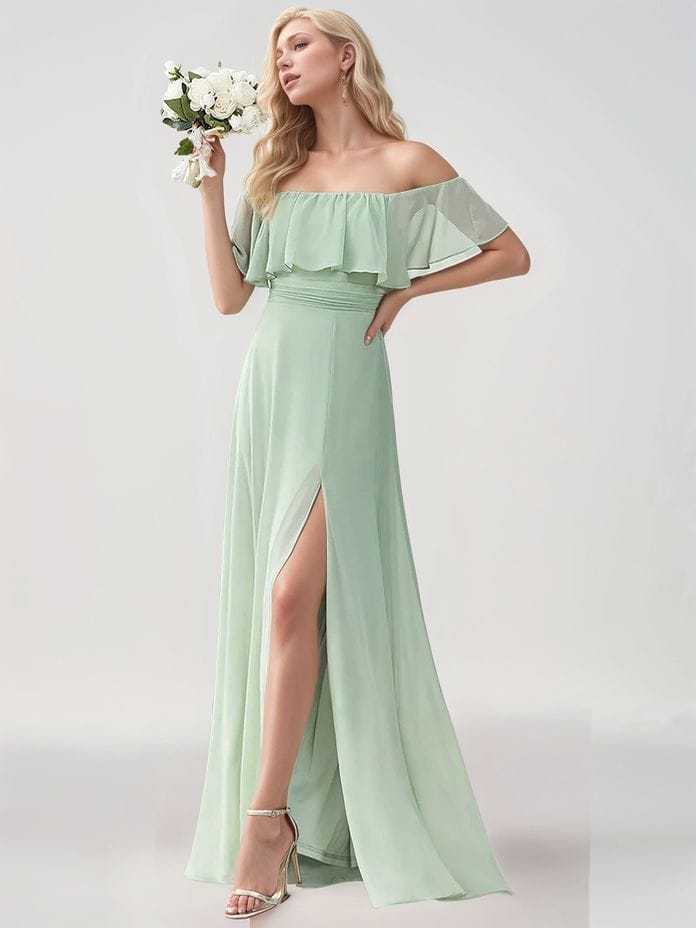 Robe demoiselle d'honneur verte longue épaules dénudées