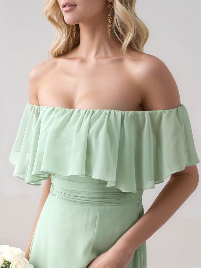 Robe demoiselle d'honneur verte longue épaules dénudées