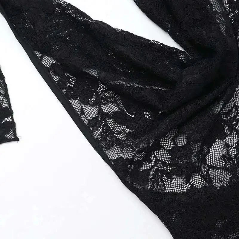 Robe de soirée chic noire longue en dentelle transparente manches longues élégante pour évènement spécial