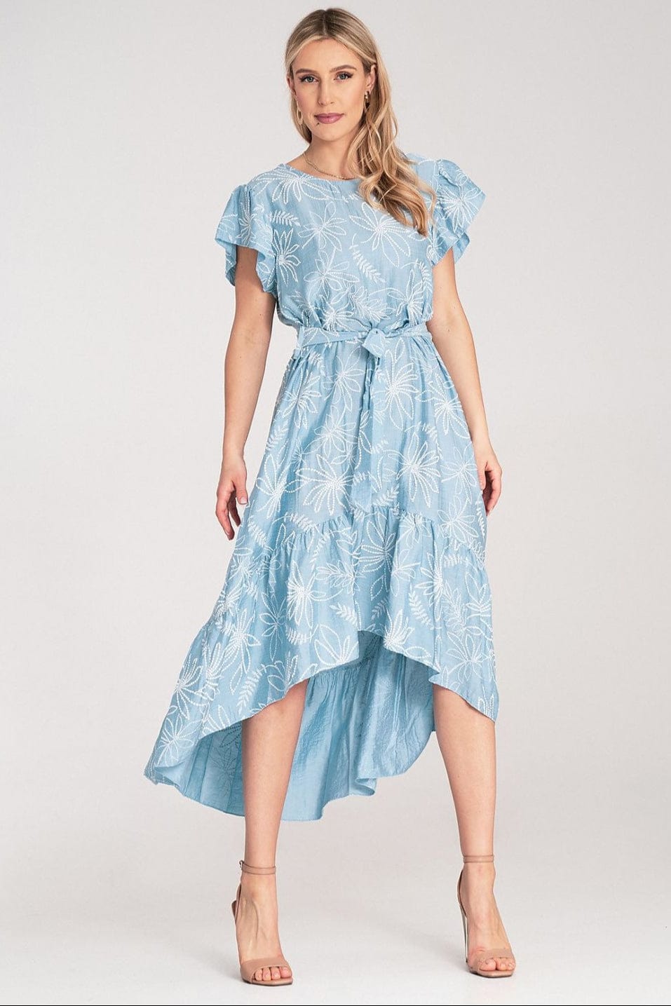 Robe été bohème fleurie bleu asymétrique fluide femme manches courtes parfaite pour mariage invité