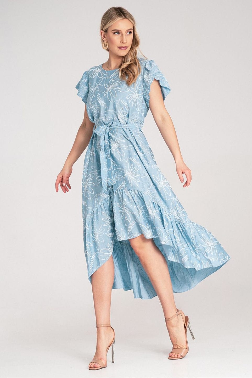 Robe été bohème fleurie bleu longue trapèze manches courtes parfaite pour une journée plage ou sortie casual