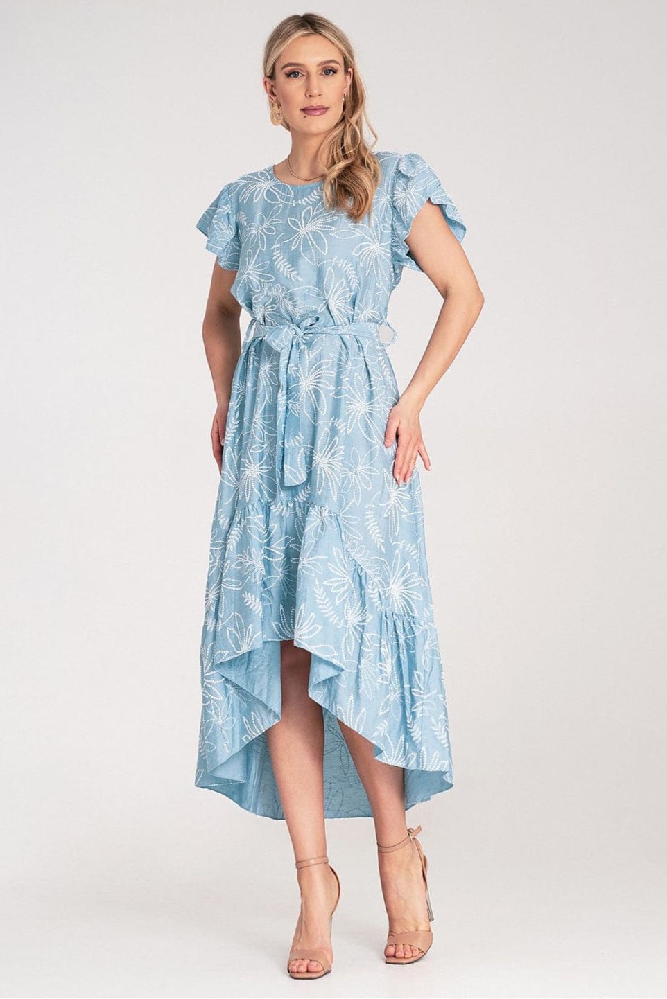 Robe été bohème fleurie bleu midi trapèze manches courtes parfaite pour une occasion plage ou casual chic