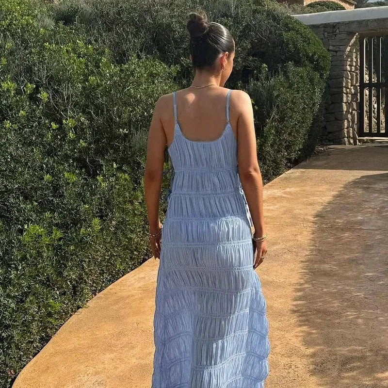 Robe été bohème longue bleu fluide femme bretelles fines dos nu idéale plage journée estivale