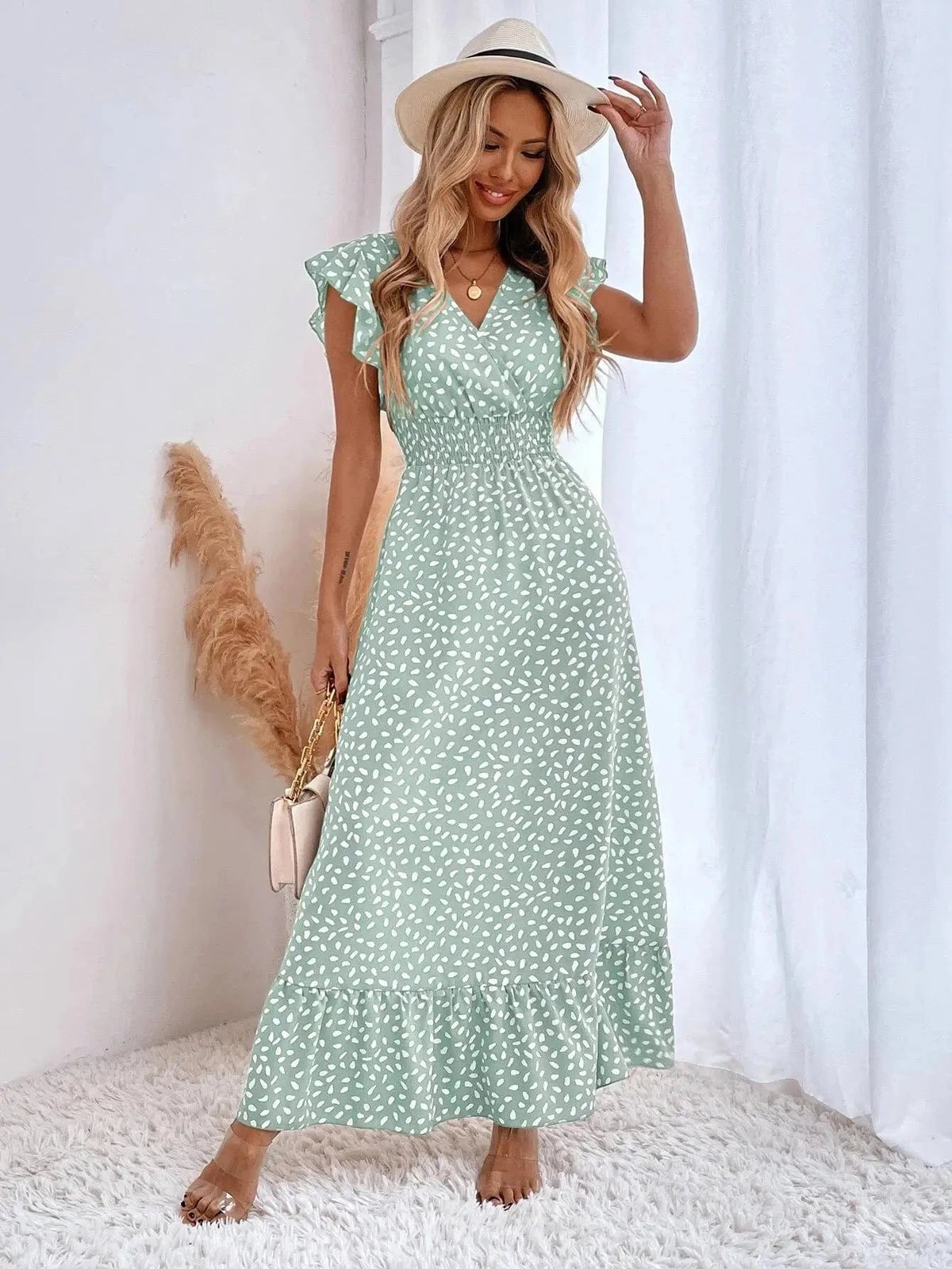 robe été bohème longue fluide verte manches courtes trapèze pour plage ou cocktail en journée