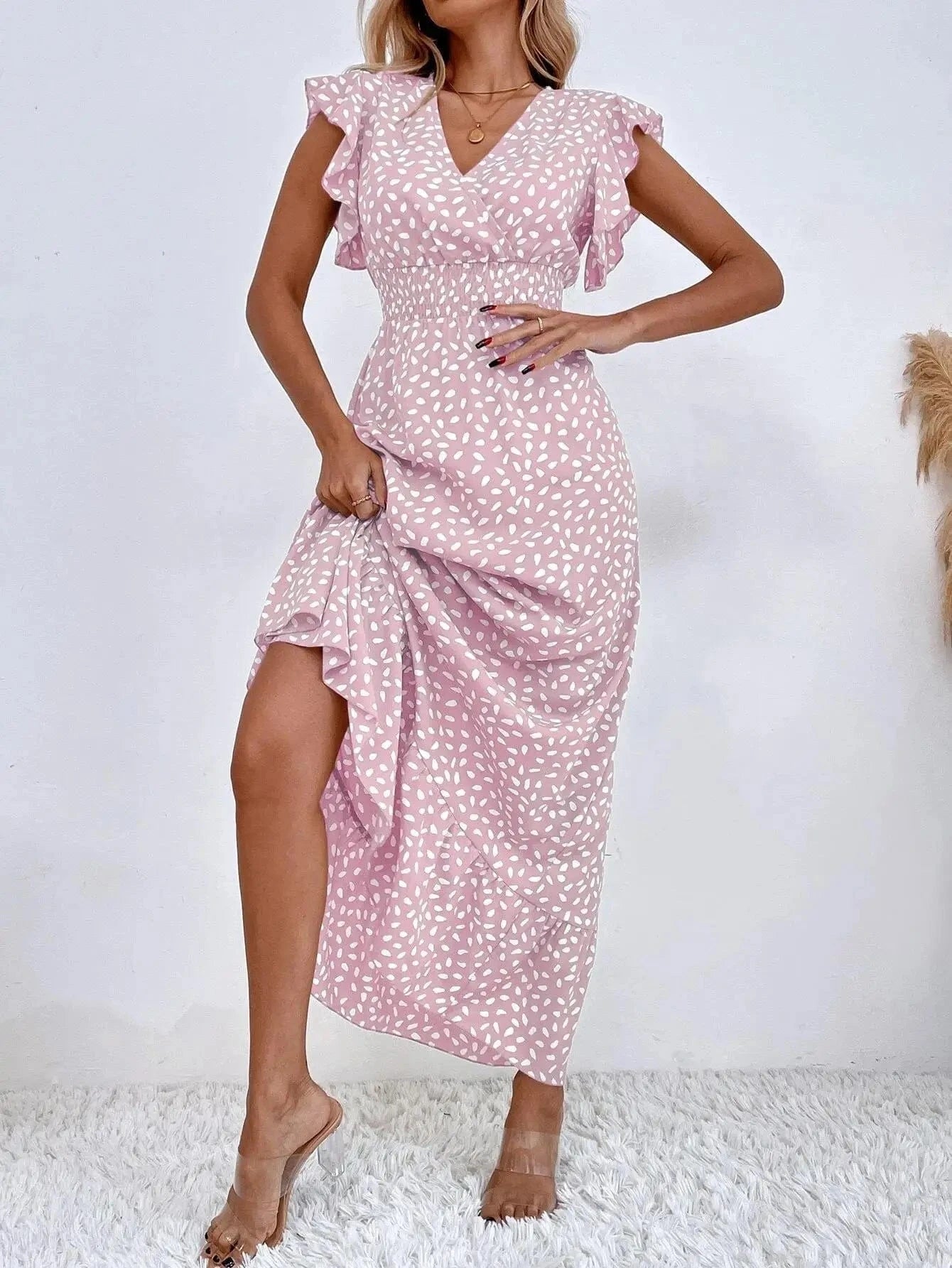 robe été bohème longue fluide verte manches courtes trapèze pour plage ou mariage invité chic