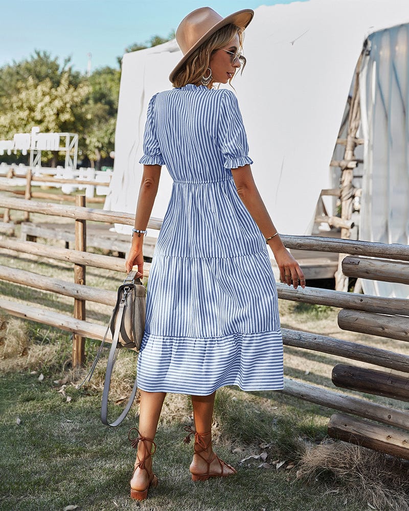 Robe été bohème midi bleue à rayures manches courtes fluide avec sac à main pour femme casual