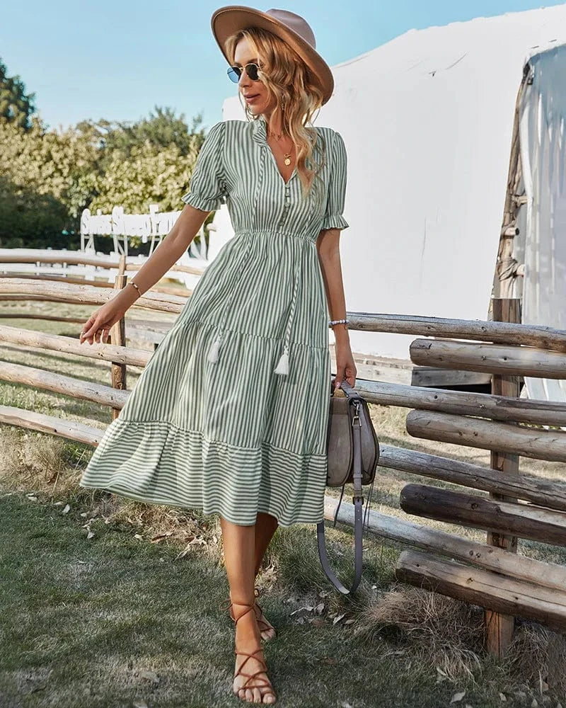 Robe été bohème midi verte manches courtes fluide femme à rayures avec accessoires chapeau et sac