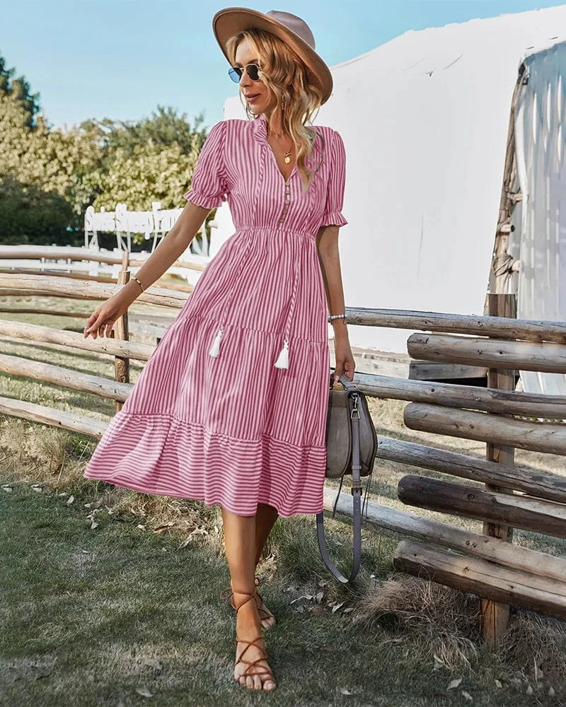 Robe été bohème midi rose à rayures manches courtes fluide, idéale pour plage ou sortie décontractée