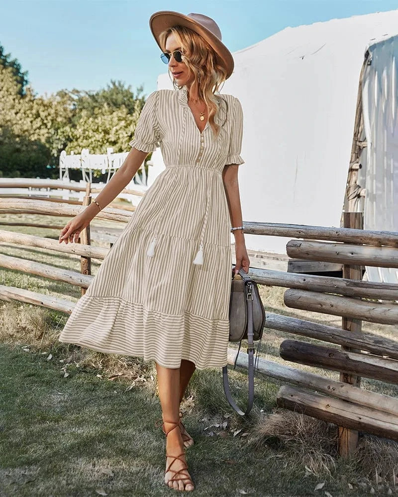 Robe champêtre bohème midi beige à manches courtes pour été, parfaite invité mariage ou sortie champêtre