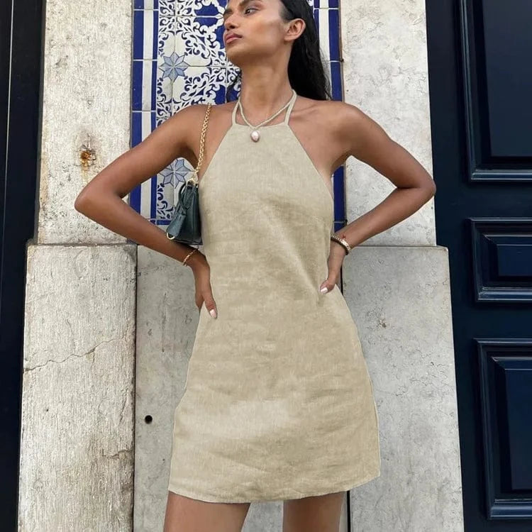 robe été courte sans manches en lin respirant, idéale pour une journée plage ou un cocktail estival