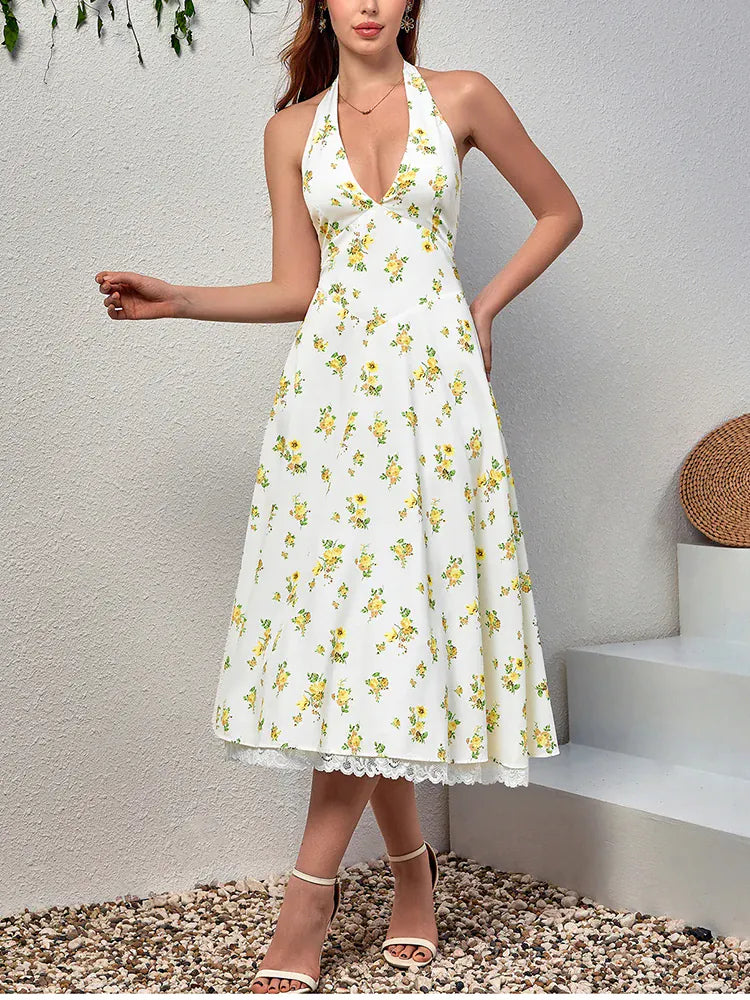 Robe été fleurie midi fluide décolleté profond