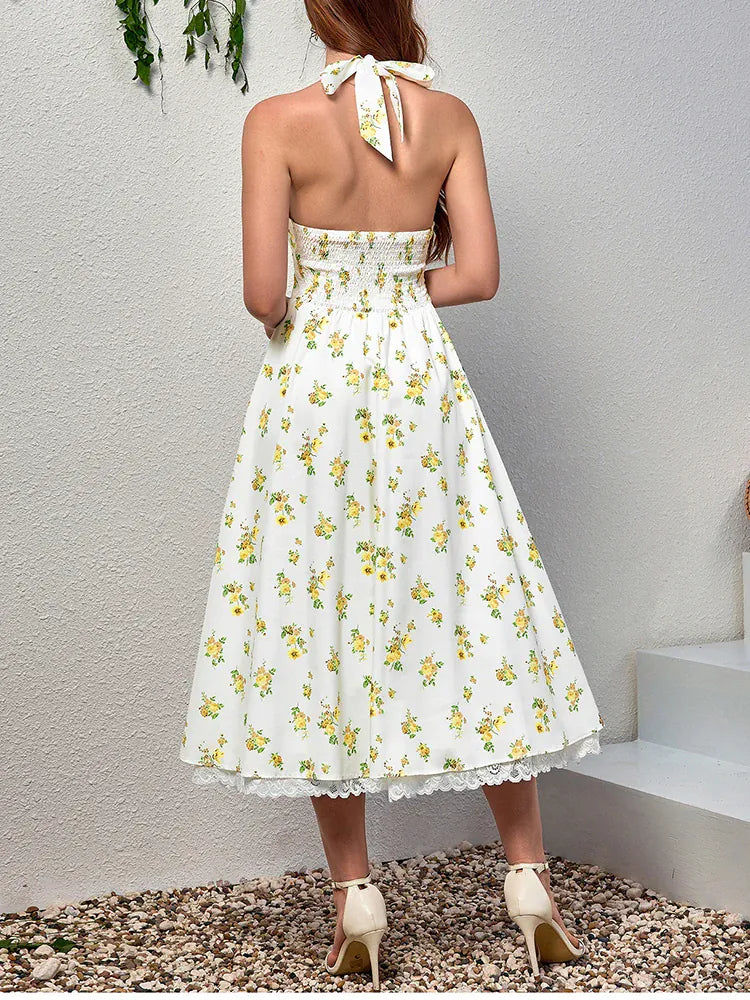 Robe été fleurie midi fluide décolleté profond