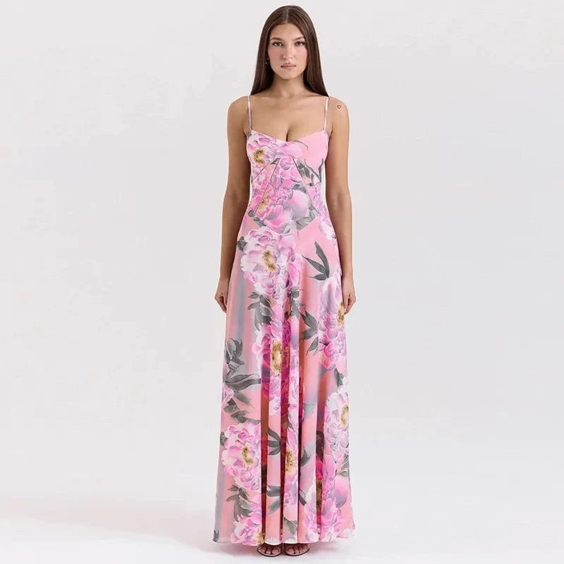 Robe longue fleurie été bohème rose à fines bretelles pour invitée mariage ou soirée habillée