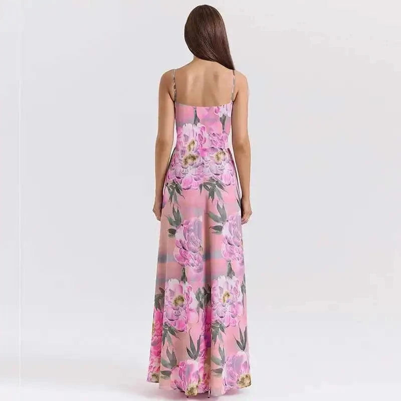 Robe longue fleurie été fluide rose bretelles fines style bohème pour invitée mariage ou cocktail