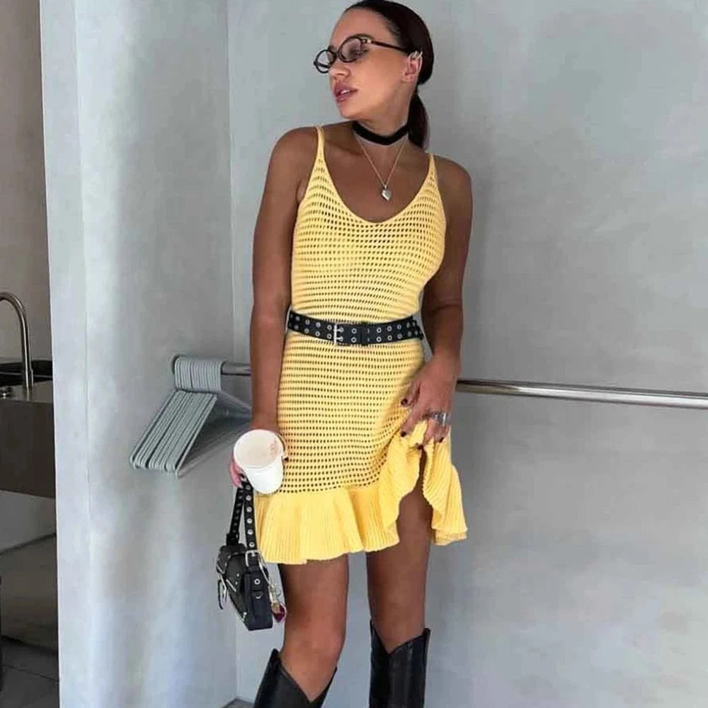 Robe courte bohème jaune sans manches maille fluide été décontractée avec ceinture noire pour femme